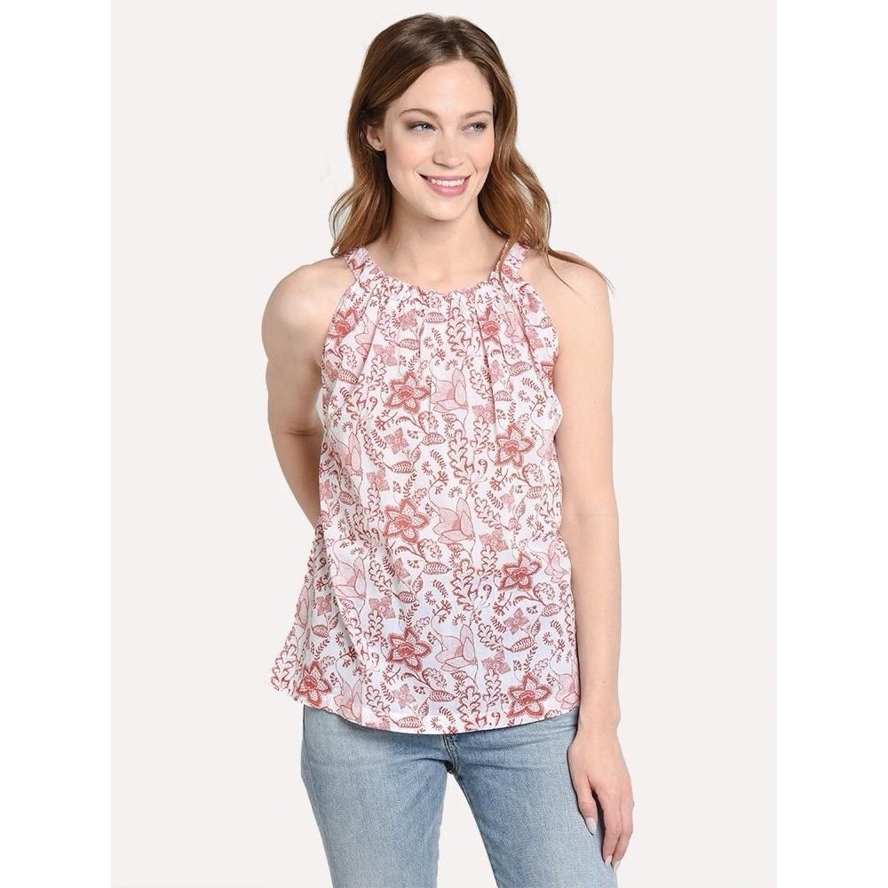 Roller Rabbit Pom Pansy Floral Cotton Sleeveless Top Coral White Size S